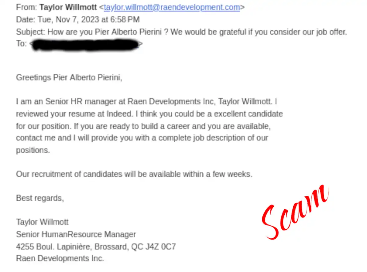 Beware of Job Offer Scams: An Example of an Email Scam